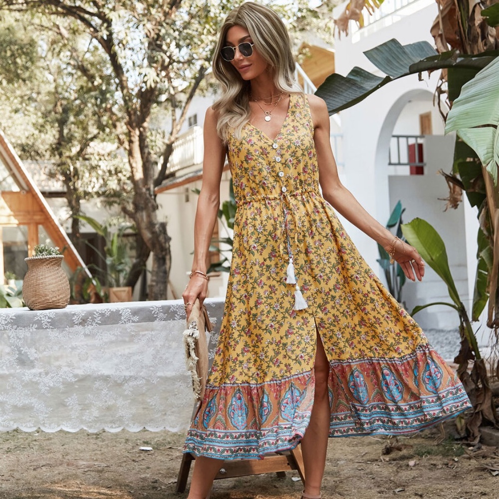 boho v neck tassel floral A line yellow dress - Picture 8 of 9